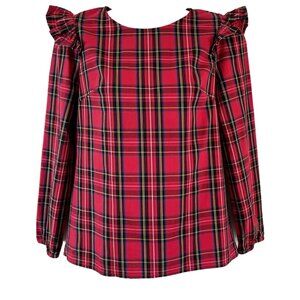 Re-Imagined by J. Crew Women's Red Tartan Ruffle Long Sleeve Top Blouse Small